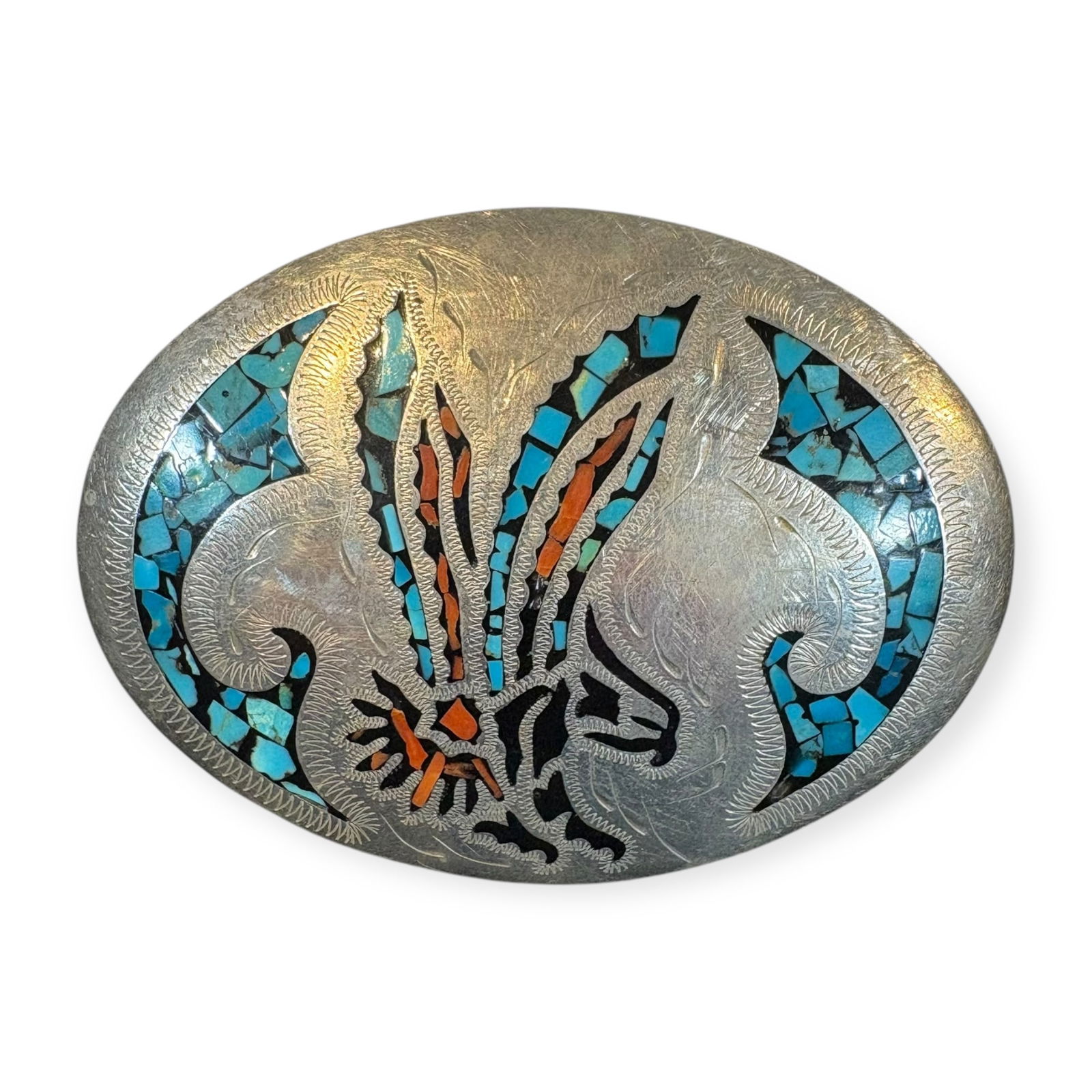 Superb Zuni Belt Buckle With Inlaid Eagle: Excellent condition, measuring 4 x 2 inches. Inlaid with coral and turquoise.