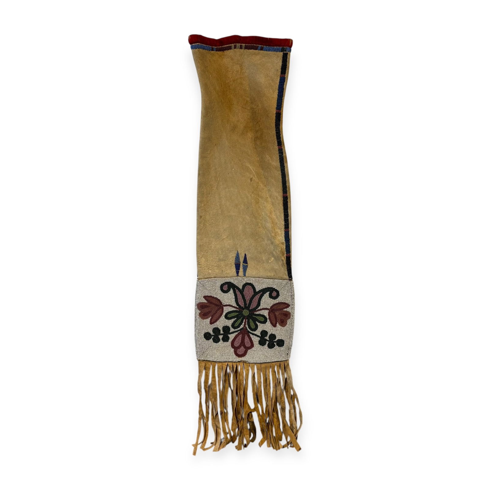 Cree Tobacco Bag: Measuring 31 inches in length x 7 3/4 inches wide with a beaded panel done on a white background with floral designs on both sides of the bag. Red ribbon trim along the top of the bag, and surviving i