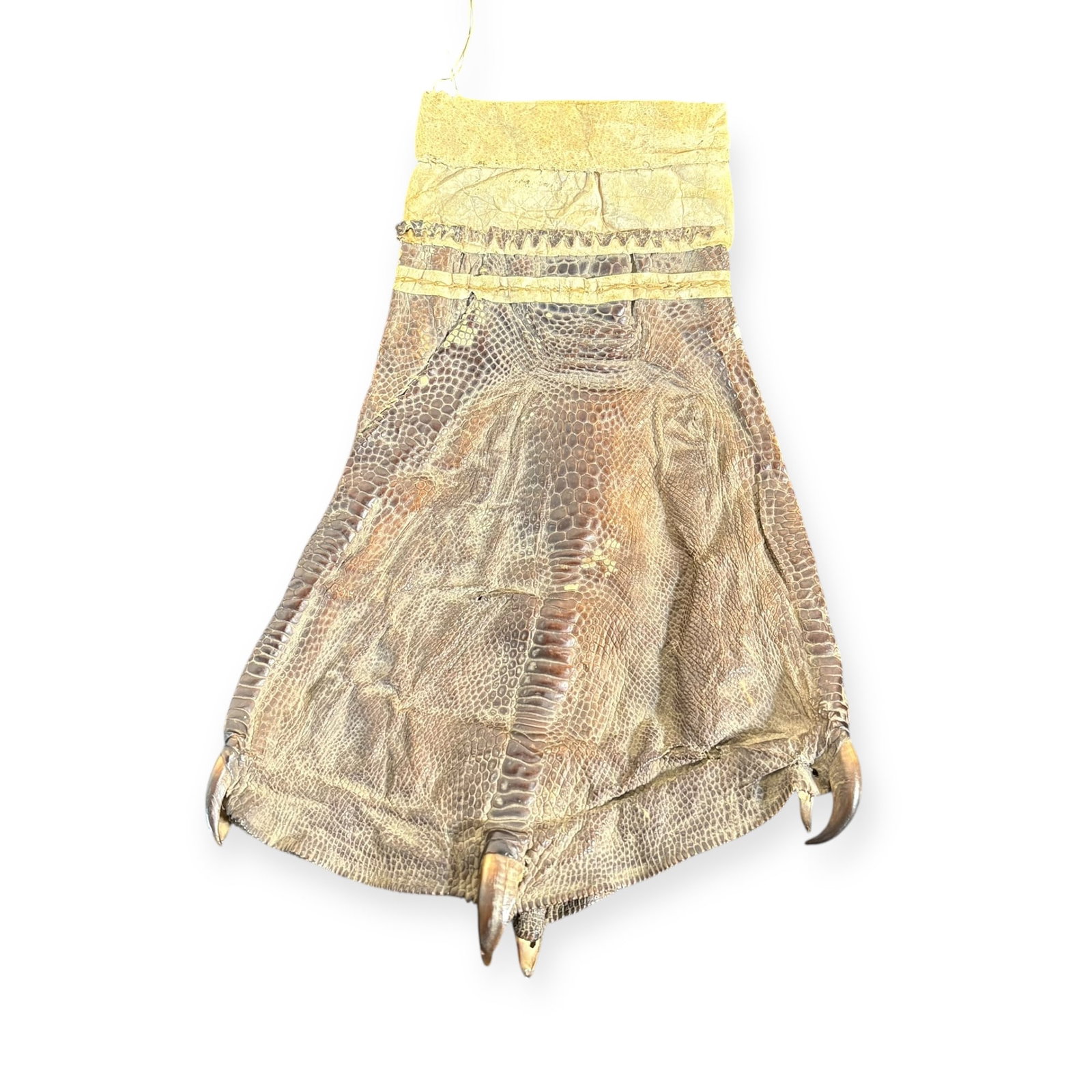 Rare Yupik Swan Foot Purse: Measuring approx 5 inches wide x 7 inches tall, constructed from skin of a swans feet. In good overall condition with age expected wear. Circa 1900.