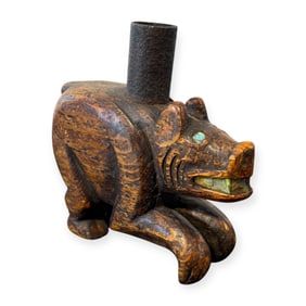 Rare Northwest Wood Bear Carved Pipe With Inlaid Abalone