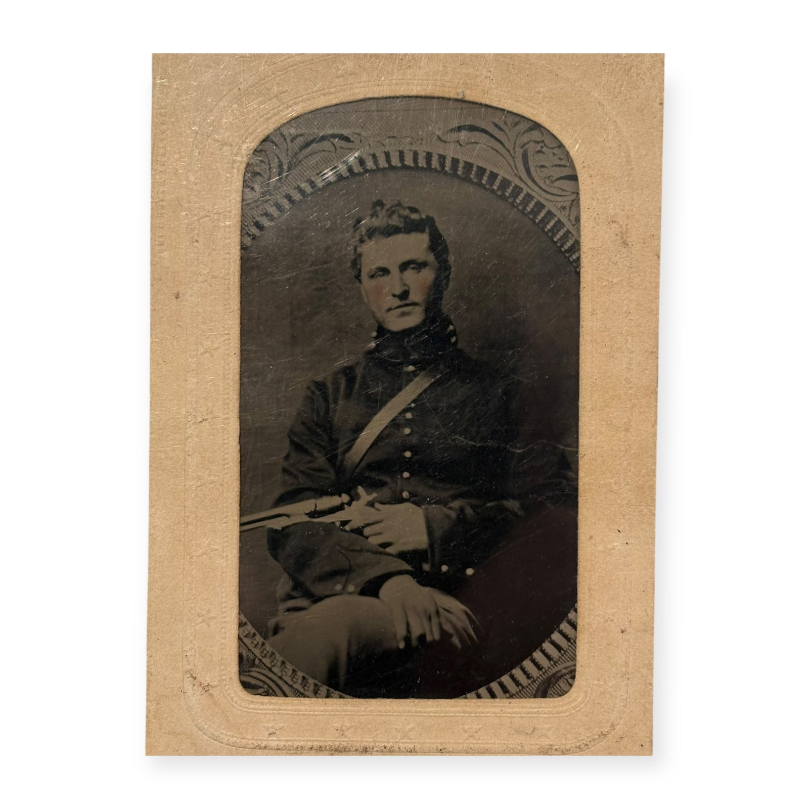 Civil War Soldier Tintype With Large Revolver: Civil war soldier tintype holding large revolver in cocked position. Image is 3 x 2 inches. Image of an image. Niced condition