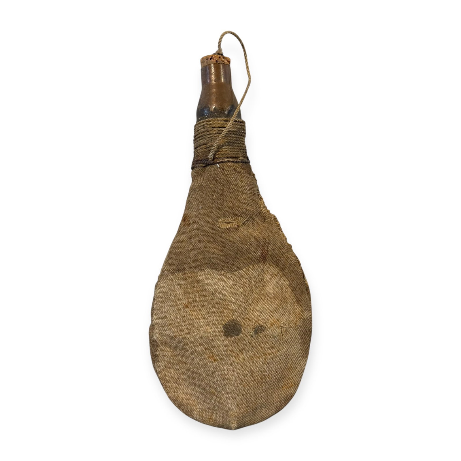 Civil War Canvas Covered Powder Flask: A civil war period canvas covered powder flask. 7 1/2 inch. Copper top with original cord holding cork top. Nice example