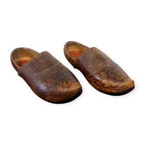 Pair of Vintage Wooden Shoes With Designs
