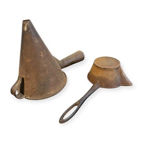 19th C Cast Iron Pour Dipper & Early Tole Funnel