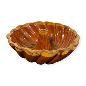 Antique Redware Turks Mold With Yellow Slip Rim