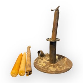 1800s Tin Push Up Saucer Base Candle Holder With 3 Beeswax Candles