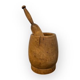 19th C Barrel Shaped Wood Mortar & Pestle