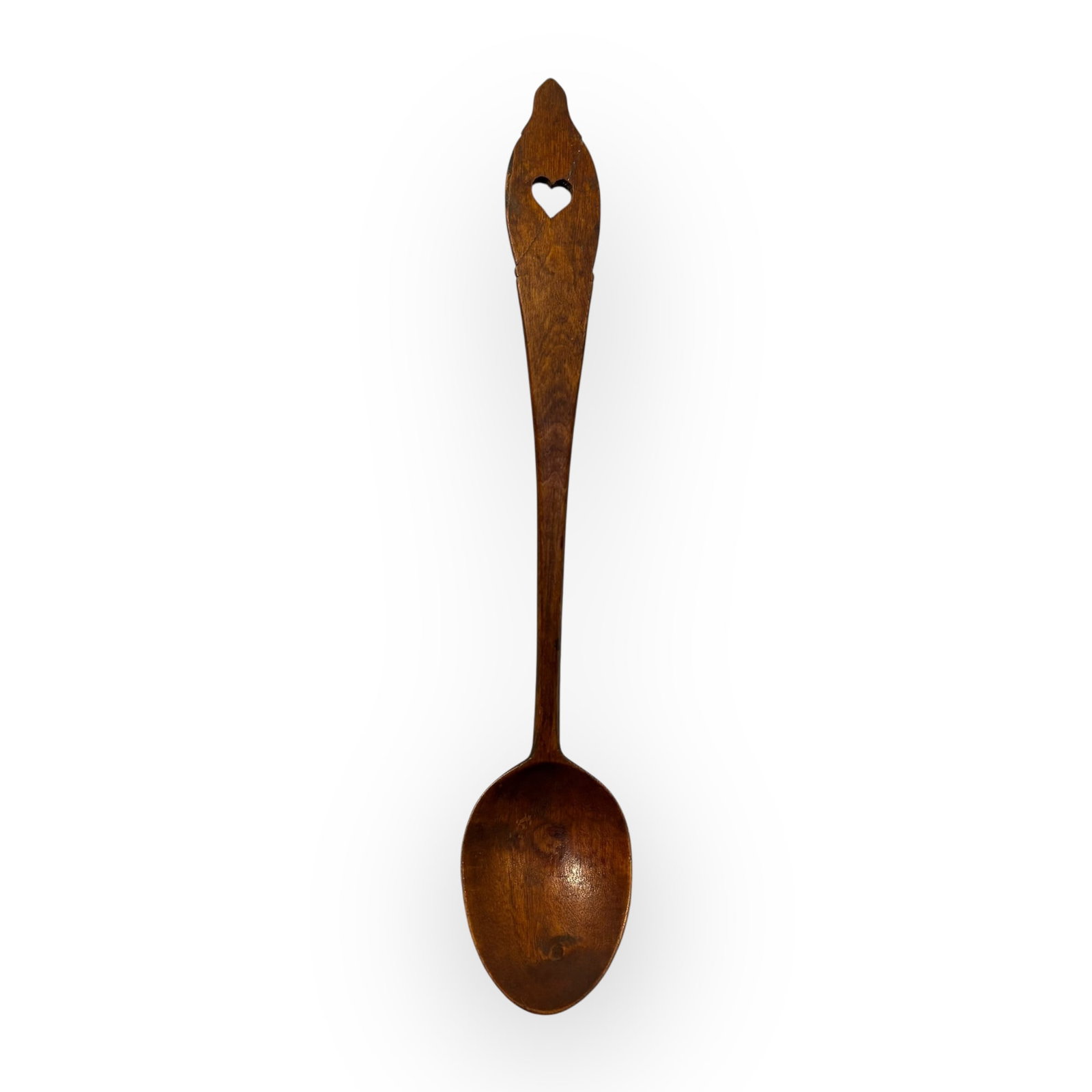 Petite Mid 1800's Wood Spoon With Heart: A sweet petite carved wood spoon with heart carved in handle. 10 3/4 long. Very fine and original. 19th century