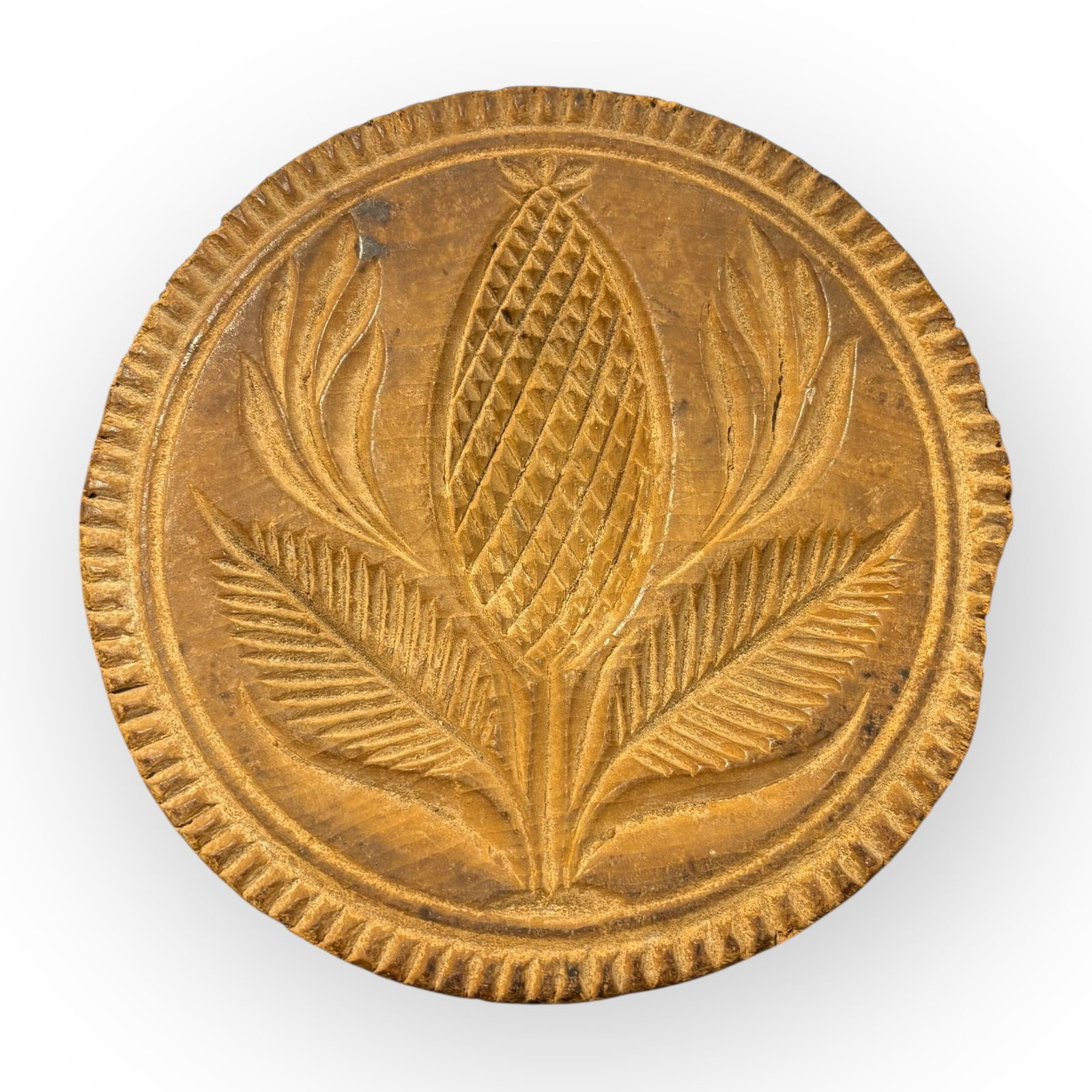 Fine Early Pineapple Carved Butter Print: Fine early large wood butter print. 4 3/4 inch. Nice carved pineapple with leaves. One old outer rim chip
