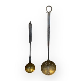 2 Very Early Brass Ladles With Forged Iron Handles