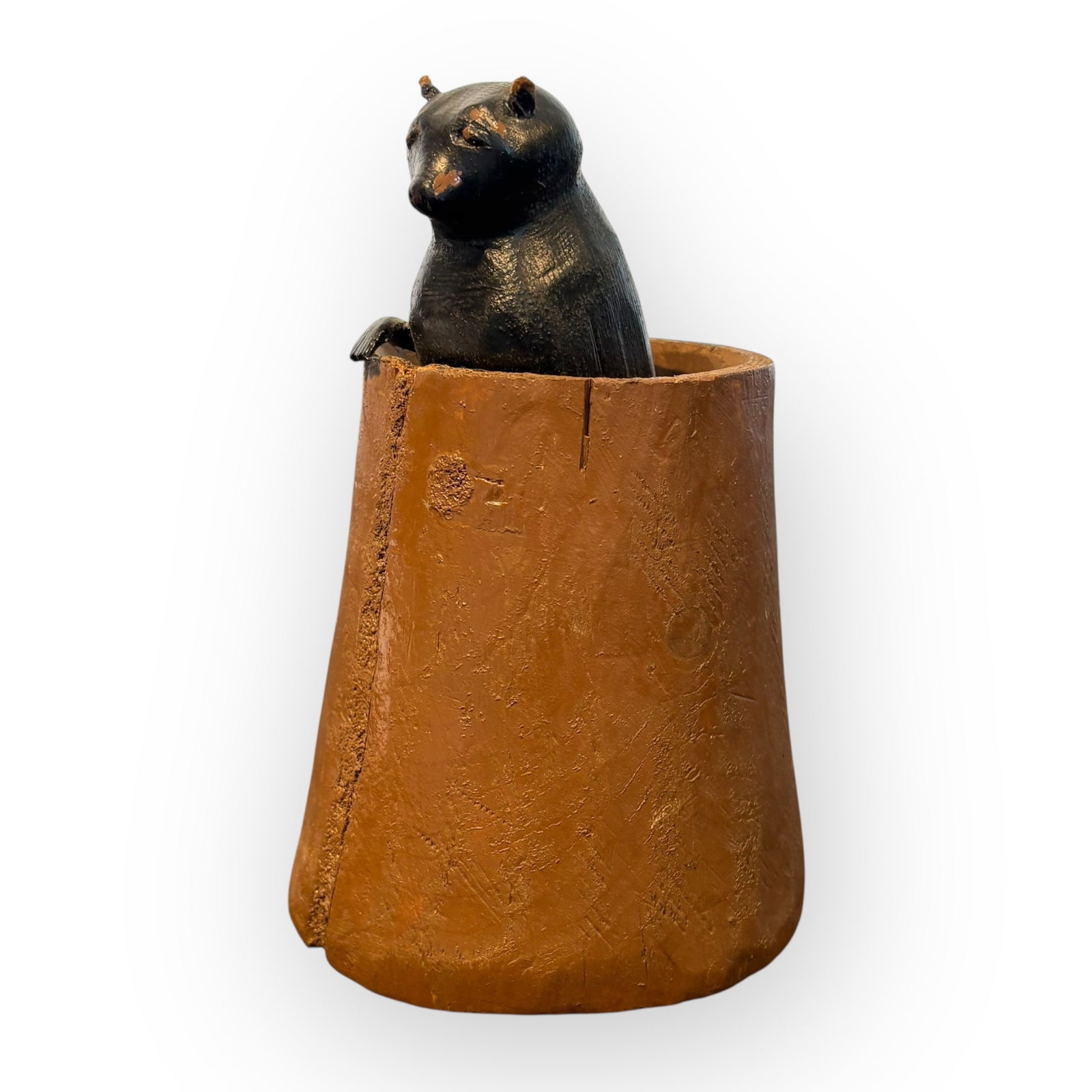 Folk Art Wood Bear In Stump: Neat wood folk art bear in stump. 6 1/2 tall. 20th C. Great condition