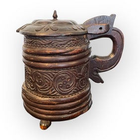 Wonderful 18th C Carved Wood Tankard