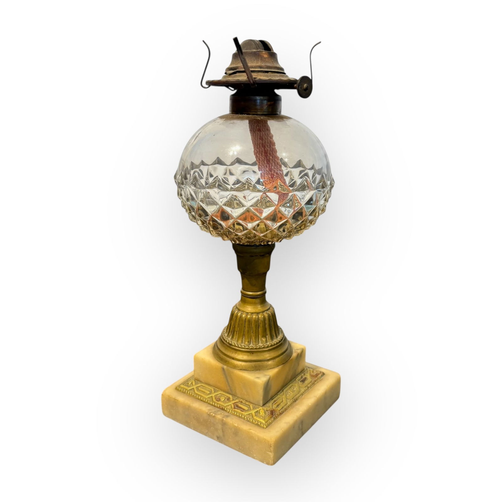 19th C Sawtooth Oil Lamp: A 19th century sawtooth glass font oil lamp with a brass stem and marble base. Excellent original condition