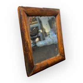 1800's Small Looking Glass In Pine Frame