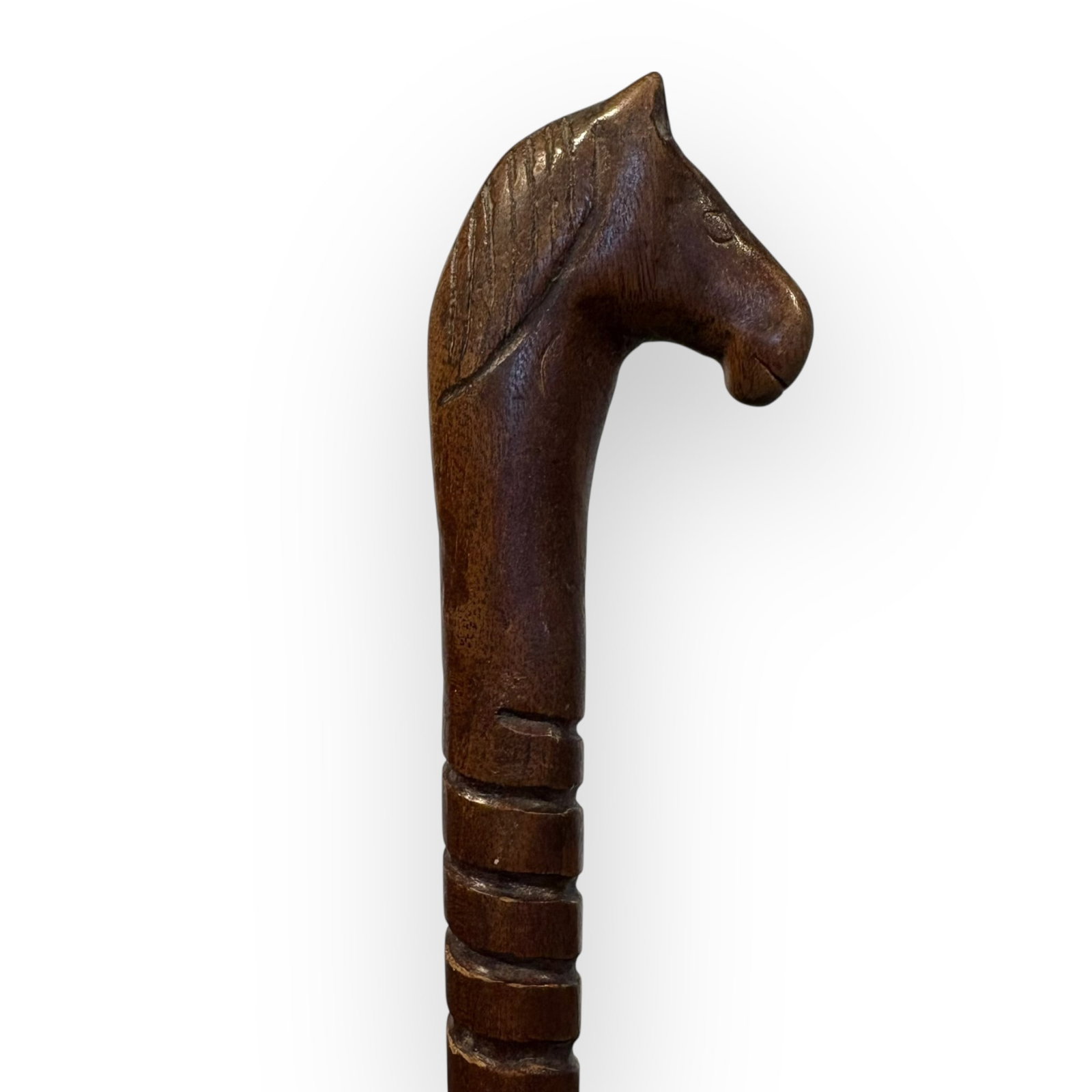 Antique Carved Wood Shoe Horn With Horse Head Handle: Unique carved wood 20 inch shoe horn with carved horse head at top with spiral carved shaft. Excellent condition