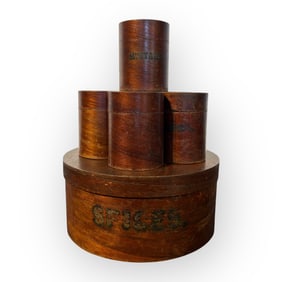 19th C Round Wood Spice Box With 6 Wood Spice Boxes Inside