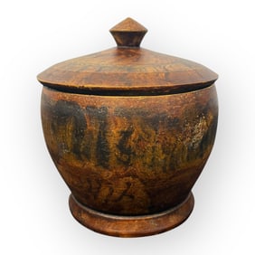 Excellent Paint Decorated Wood Sugar Bowl With Lid