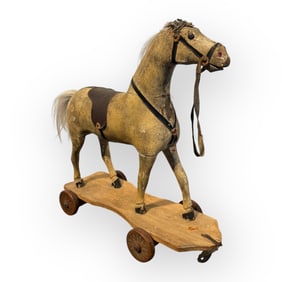 19th C Solid Wood Horse On Platform
