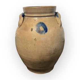 Small One Gallon 1800's Bellied Out Ear Handled Stoneware Jar