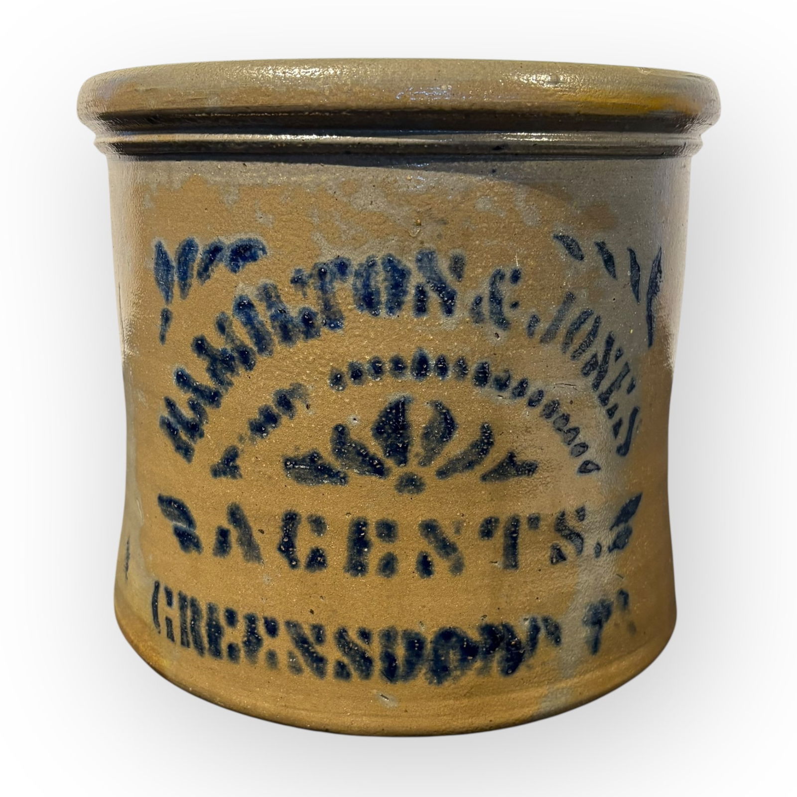 Rare Hamilton & Jones/Agents Stoneware Crock: An 8 1/4 inches tall crock, possibly used as a cake crock. With cobalt decoration to the front. The jar has survived in very good condition.