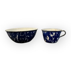 2 Pieces Of Original Blue Swirl Enamelware