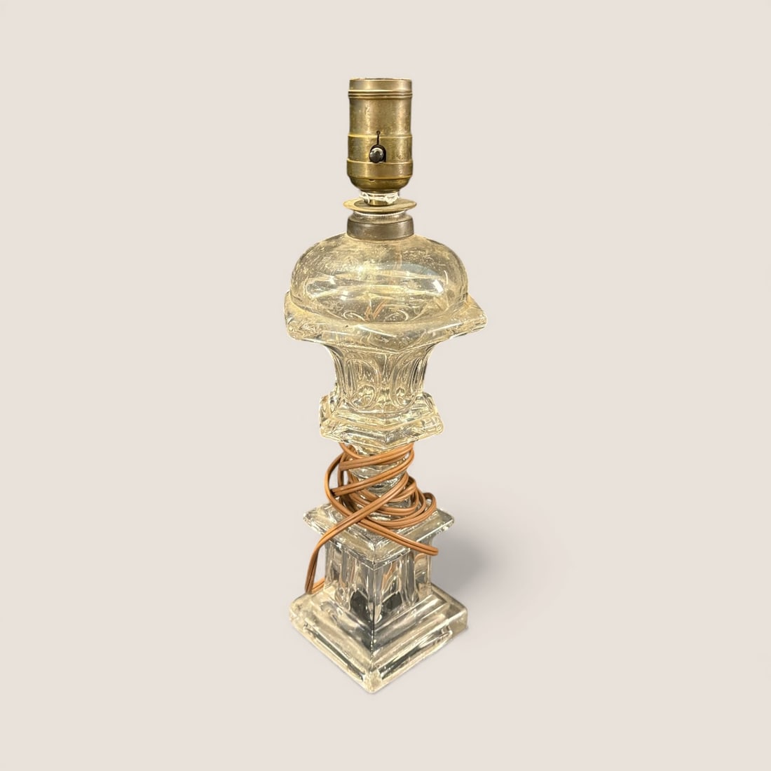 19th C Whale Oil Lamp: A clear glass 19th century whale oil lamp. 11 inches tall. Heavy glass, very good