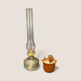 Early 1900's Crockery Beater Jar With Original Beater & Glass Oil Lamp