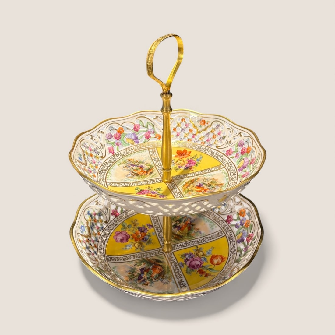 Schumann Germany Porcelain 2 Tier Tidbit Tray: A 2 tier Schumann Germany porcelain tray.. Complete and good. Open lattice edges