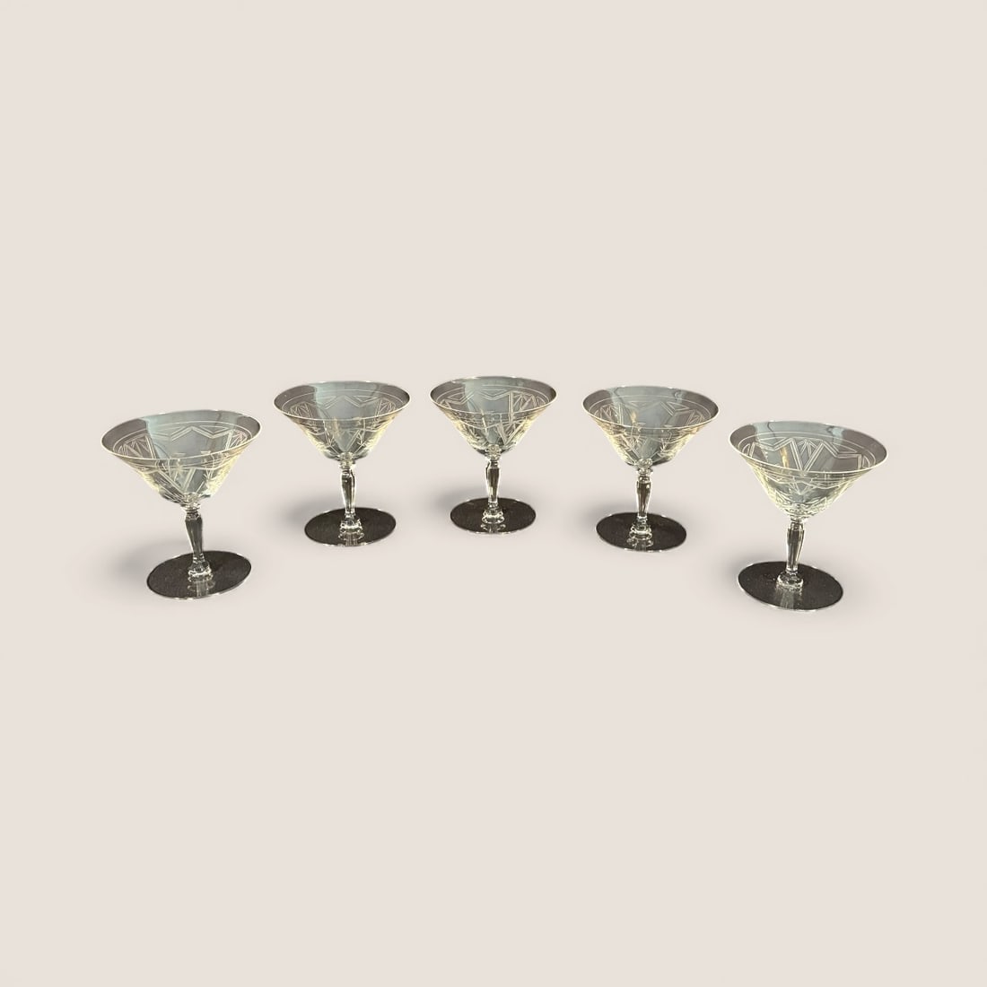 Set Of Community Deauville Etched Sherberts: Set of 5 Deauville etched clear glass sherbets. All Good