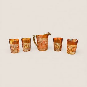 Vintage Carnival Milk Pitcher And Four Tumblers