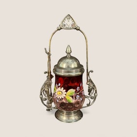 Victorian Enameled Cranberry Pickle Caster With Tongs
