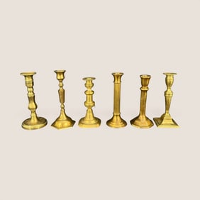 Six Various Single Early Brass Candlesticks.
