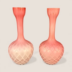 Pair Of Diamond Quilted Satin Glass Vases