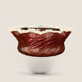 Cranberry Swirl Bowl With White Ribbon Edge