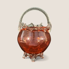 Victorian Cranberry Hand Blown Bowl Handled Glass basket