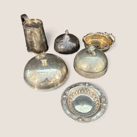 5 Misc Silver Plate Items Plus Small Sterling Dish