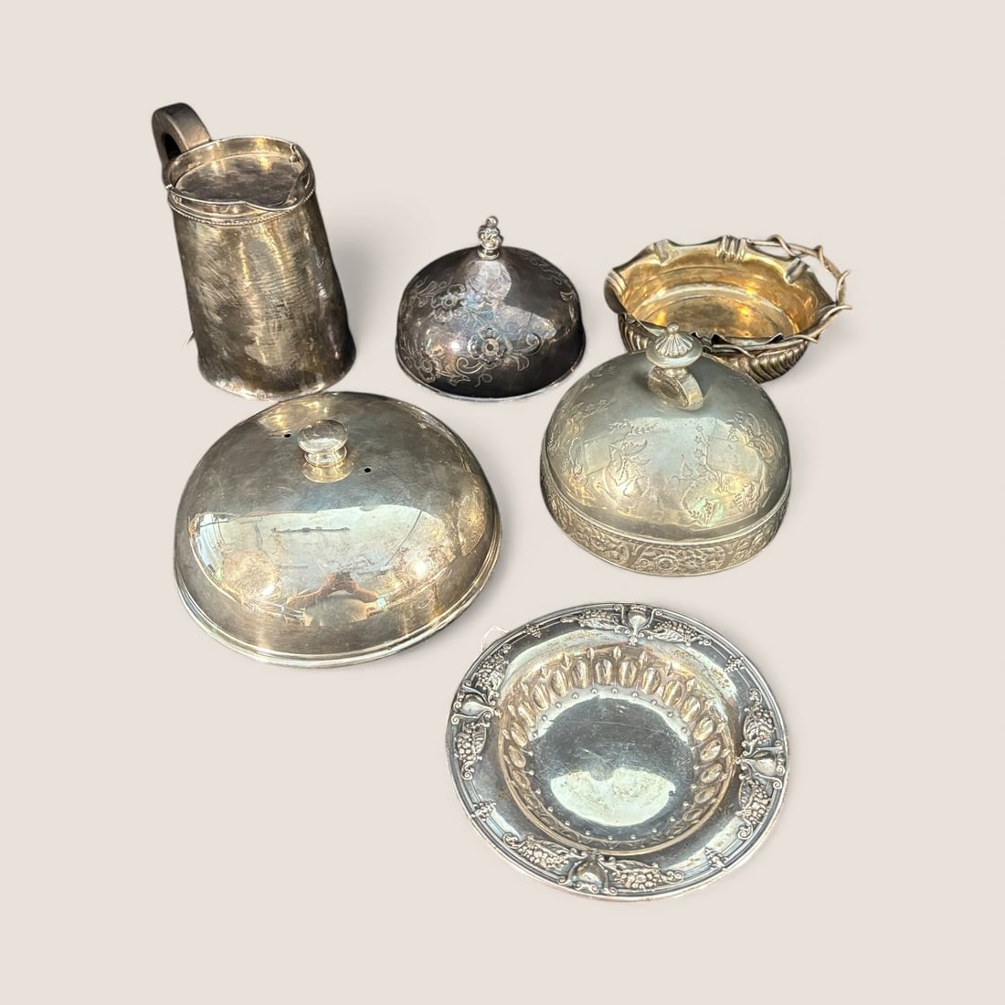 5 Misc Silver Plate Items Plus Small Sterling Dish (1 of 1)