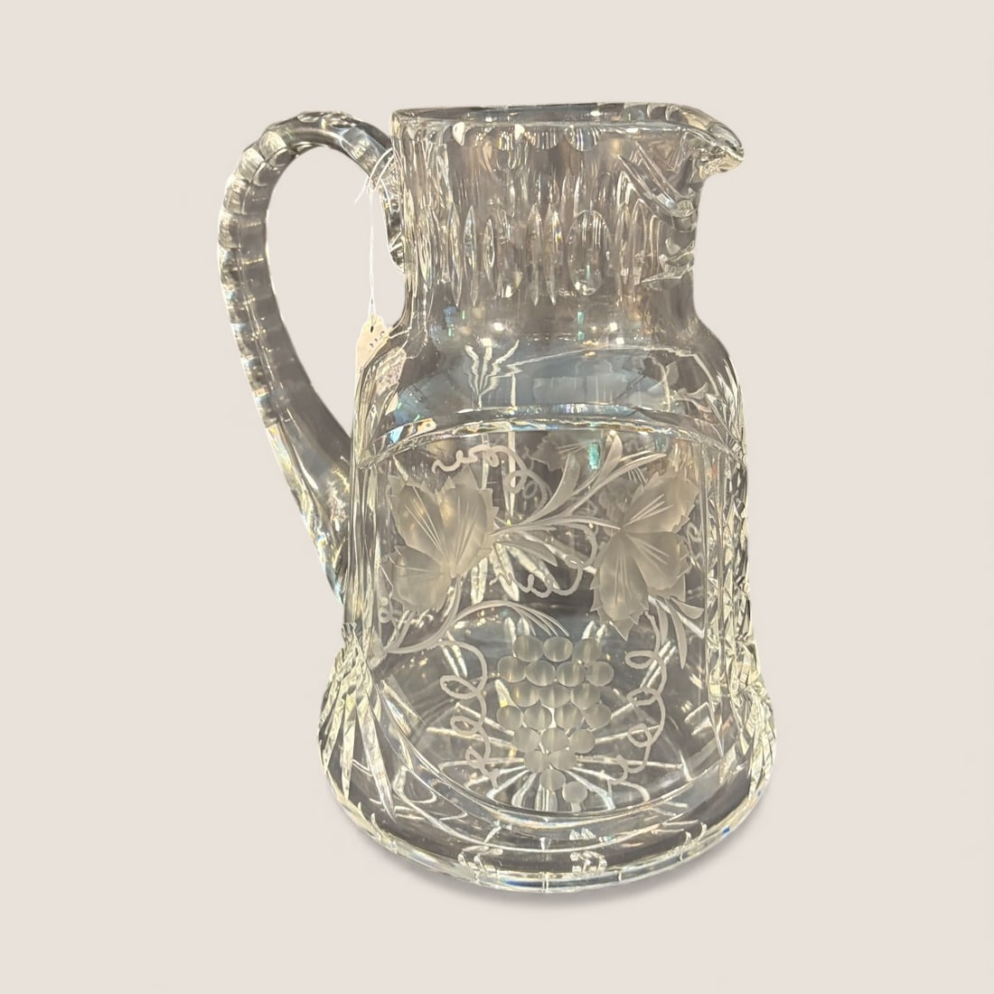 Wonderful Antique Glass Water Pitcher: A 10 inch tall fancy glass antique water pitcher. Excellent condition