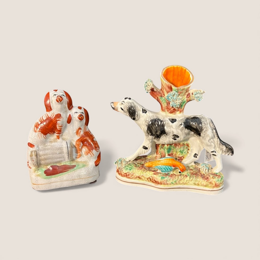 Antique Staffordshire Dalmatian Spill Vase And Dogs: A staffordshire Dalmatian 5 1/2 x 5 1/.2 spill vase and a 3 1/.2 x 4 1/2 double dog figurine