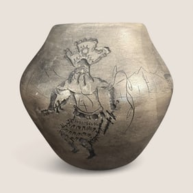 Unusual Navajo Incised Dancers Pottery Pot Signed Curtis Yanito