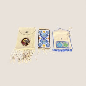 20th C Indian Beaded Armband & 2 Leather Bags With Beading