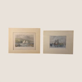 Pair Of Early Hand Colored Prints.View Of Hudson River & River Scene With Boats