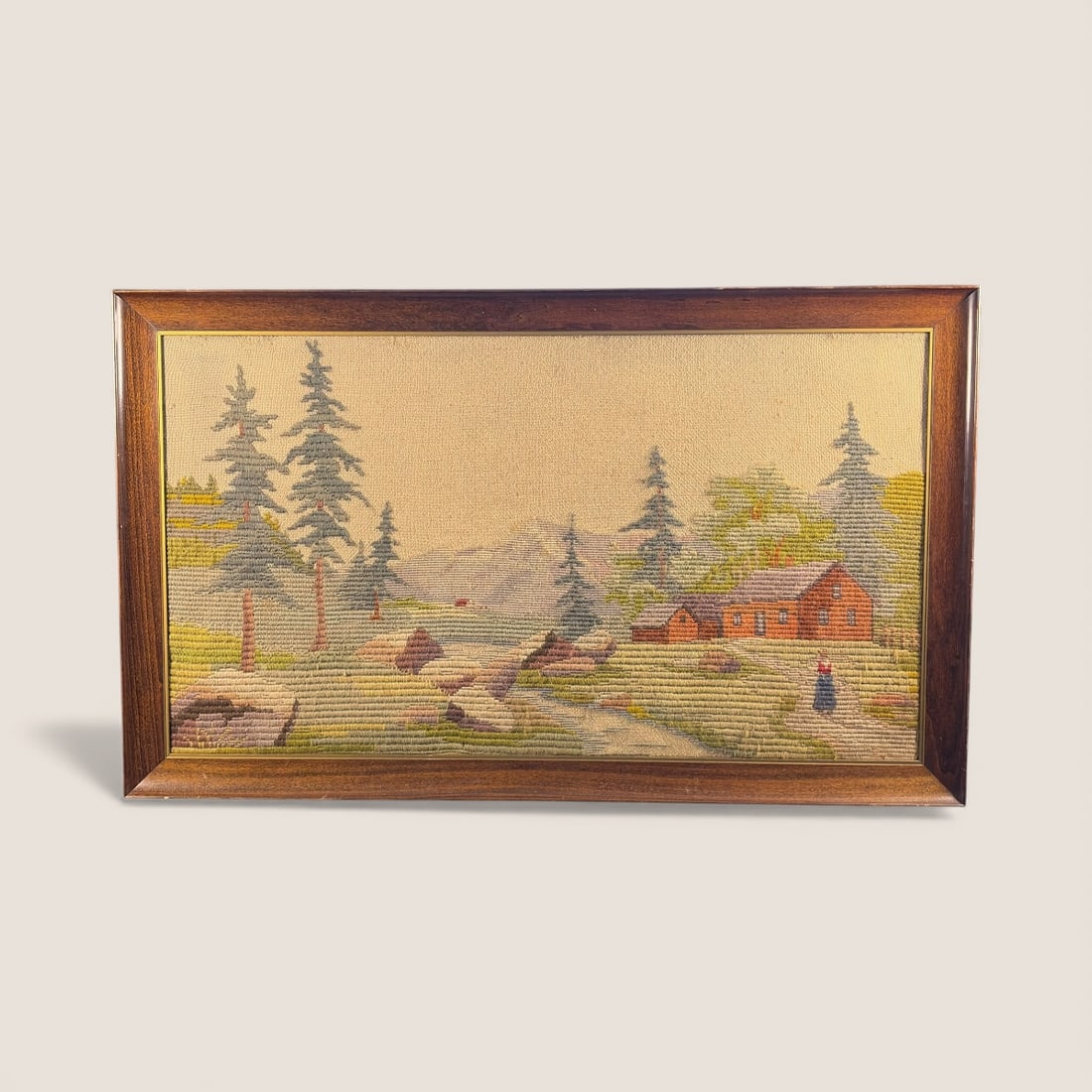 Antique Norwegian Embroidery. Cabins-Trees-Hills: Very nice circa 1900 Norwegian wool on linen embroidery. Scenic. 40 x 24. Excellent
