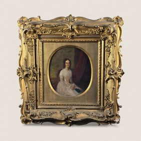 19th C Oil On Canvas Women Holding Drawstring Purse.