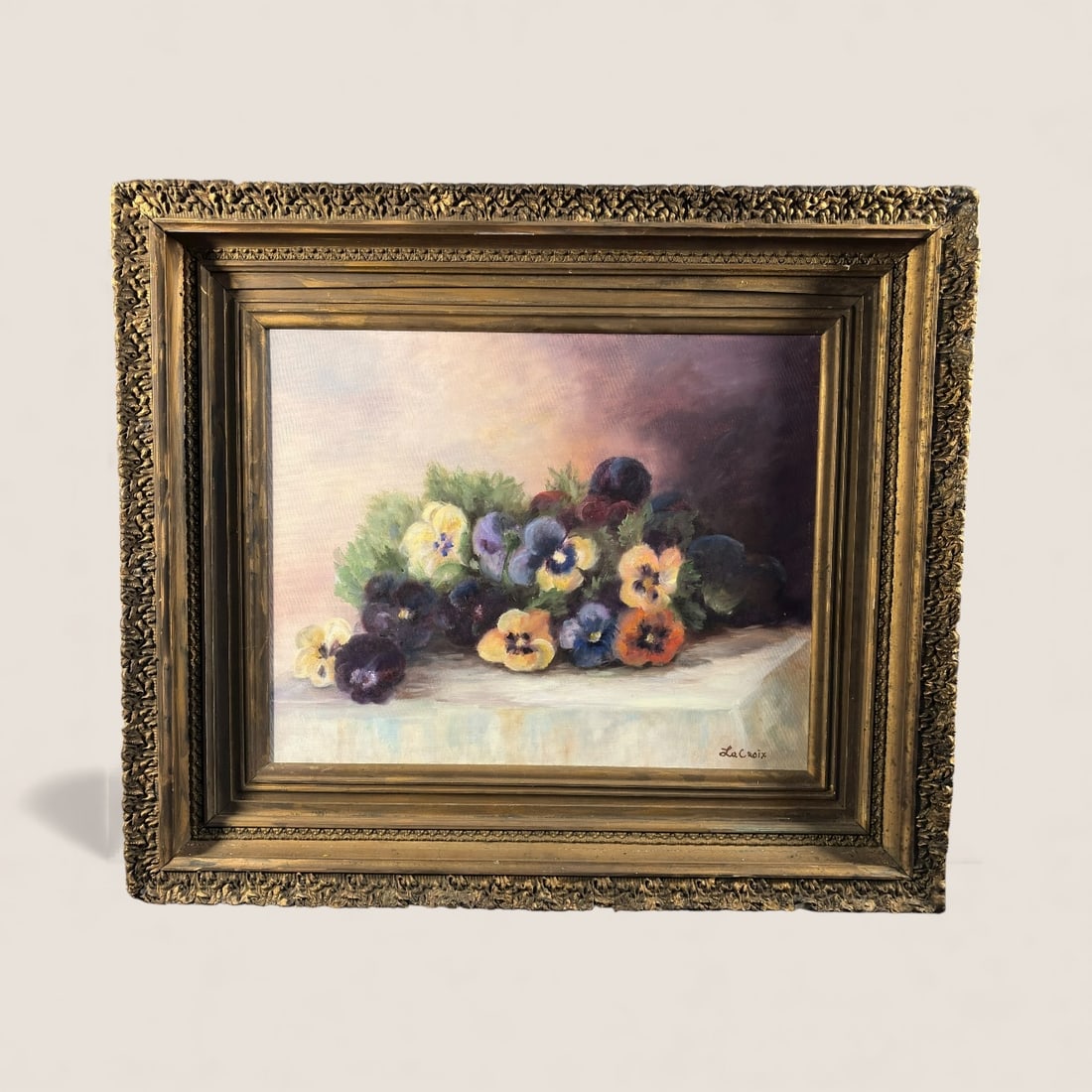 Large Oil On Canvas Painting Of Poppies Signed La Croix: A large oil on canvas painting of poppies signed La Croix, Painting is 20 x 16 and contemporary, In Antique frame 28 x 24.with slight frame damage