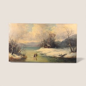 Superb 19th C Winter Scene Oil on Canvas Painting