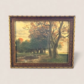 Antique Watercolor Painting Of Trees And Creek