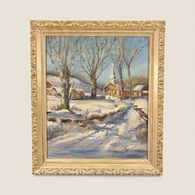 Winter Scene Painting on Board - Signed