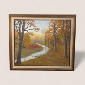 Fall Scene Oil on Board Painting Signed P. Moore