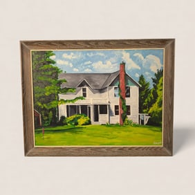 Dated 1969 Midwestern Painting on Board of Farmhouse